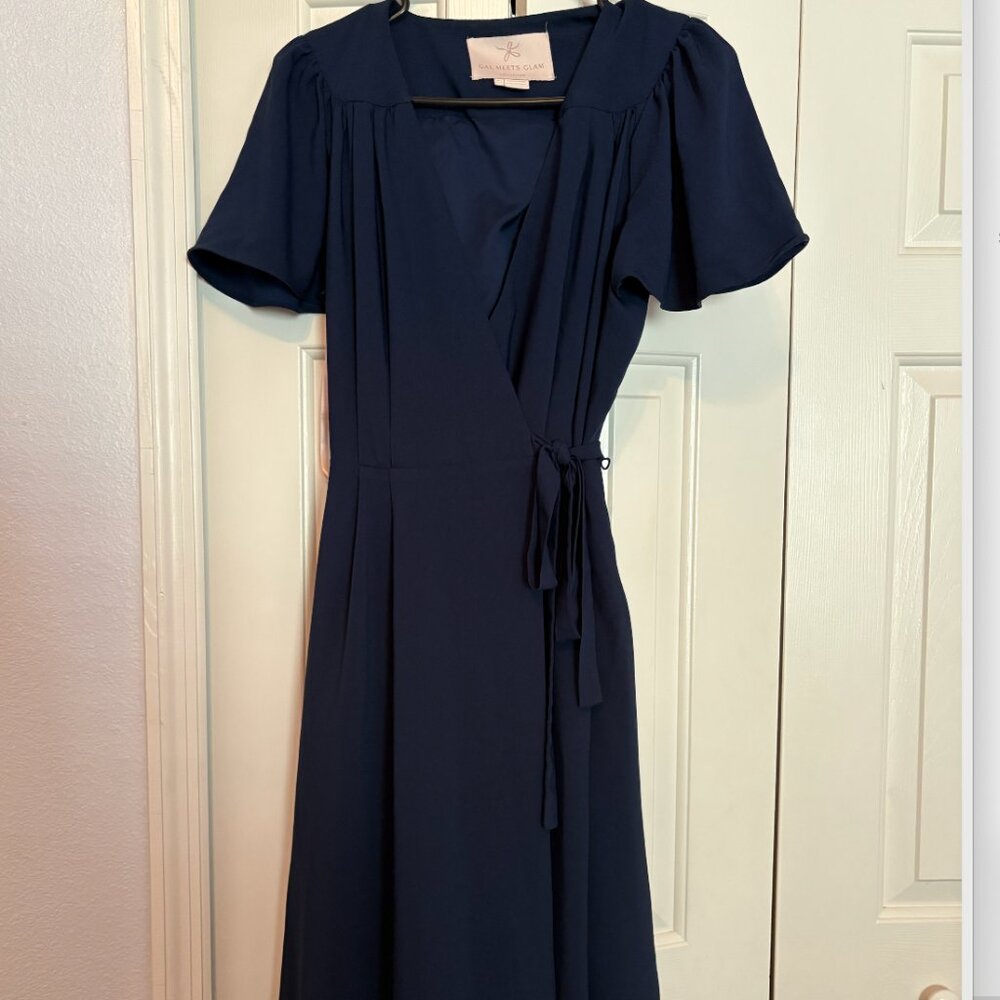 Gal Meets Glam Kinsley Flutter Sleeve Navy Wrap Dress